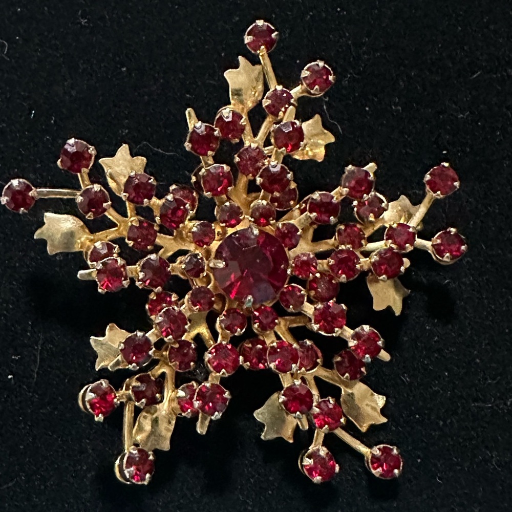 Gold and Red Crystal Snowflake Star Vintage Brooch